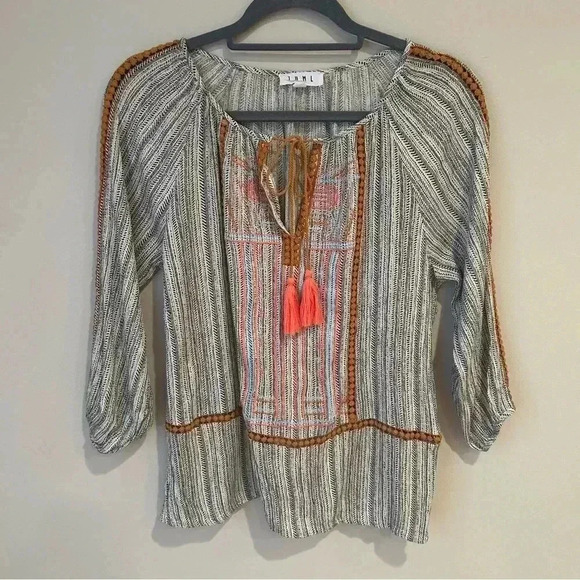 Anthropologie THML Embroidered Striped 3/4 Sleeve Tunic Blouse Size Large - Picture 1 of 7